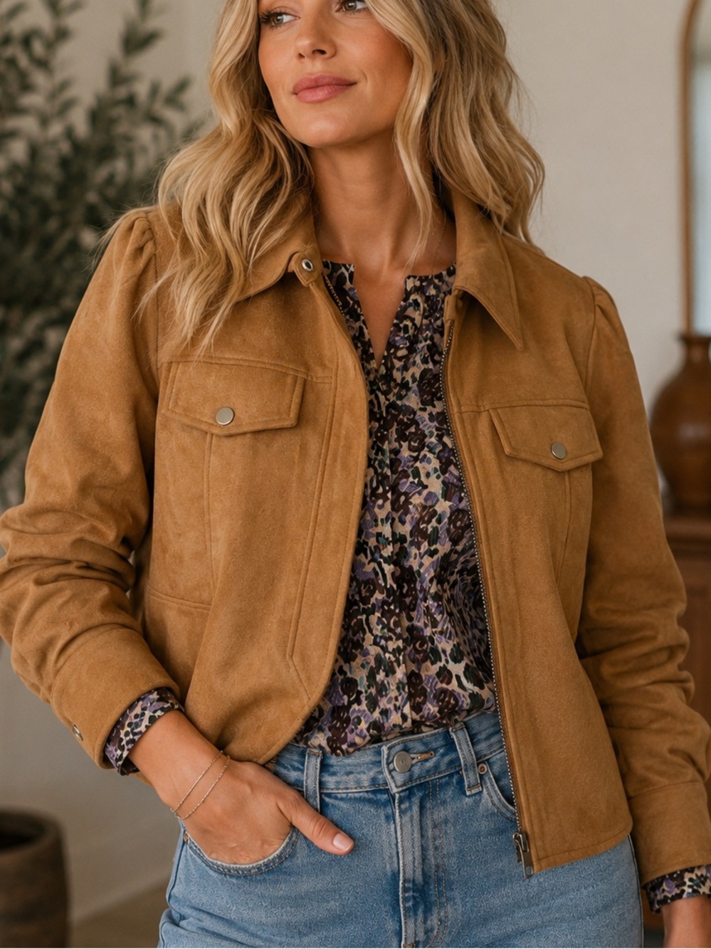 Fate Camel Faux Suede Cropped Utility Jacket Medium | Puff Sleeve Shacket